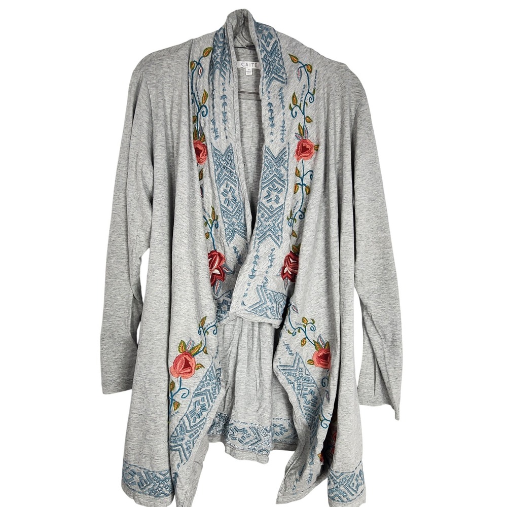 Caite Embroidered Floral Open Front Cardigan Kimono Boho Gray Draped Artsy Small